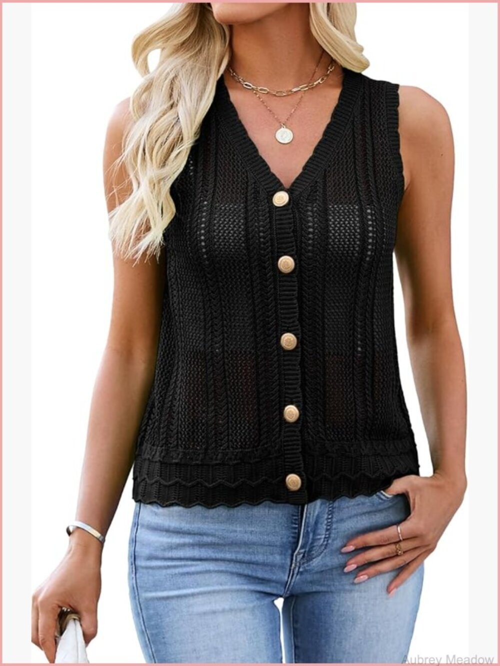 Crochet V-Neck Sweater Vest Sleeveless Knit Button Down Tank Top